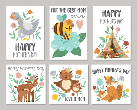 Collection of vector Mothers Day card with cute boho animals. Pre-made designs with woodland baby insects and birds with mothers. Bohemian style posters with fox, owl, bear, deer, goose, bee..