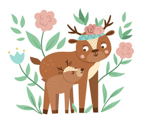 Vector Mothers Day card with cute boho animal. Pre-made design with woodland baby fawn with mother. Bohemian style poster with deer family and flowers on white background..