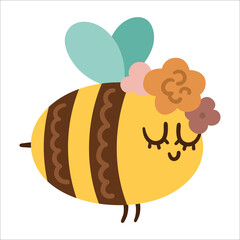 Vector hand drawn bumblebee with flowers on the head. Cute bohemian style woodland insect icon isolated on white background. Sweet boho forest illustration for card, print, stationery design..