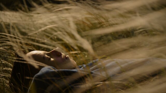 The guy enjoys the wind in the feather grass field.