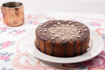 The brown easter cake. Spring season. Orthodox tradition. Selective focus.
