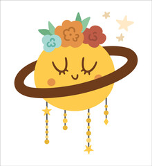 Vector boho planet with flowers on the head. Bohemian moon icon isolated on white background. Celestial star illustration..