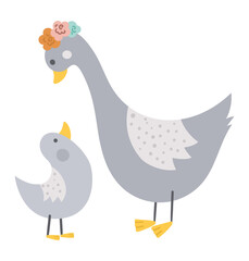 Vector hand drawn baby goose with parent isolated on white. Funny bohemian style woodland bird scene showing family love. Cute boho forest illustration for card, print, stationery design..