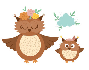 Vector hand drawn baby owl with parent isolated on white. Funny bohemian style woodland bird scene showing family love. Cute boho forest illustration for card, print, stationery design..
