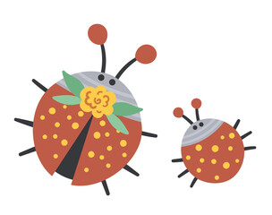 Vector hand drawn baby ladybug with parent isolated on white. Funny bohemian style woodland insect scene showing family love. Cute boho forest illustration for card, print, stationery design..