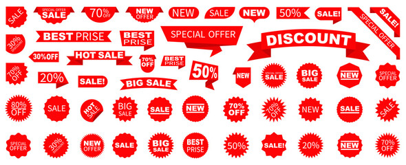 Sale Label collection set. Set ribbon banner and label sticker sale offer and badge tag sale advertising. Discount red ribbons, banners and icons. Cffer discount coupons. Vector illustration.