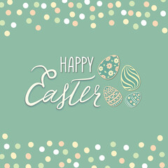 Happy Easter greeting card. Spring holiday bakground with rabbit bunny and handwritten lettering HAPPY EASTER over line drawn Easter icons eggs and flowers floral festive background.