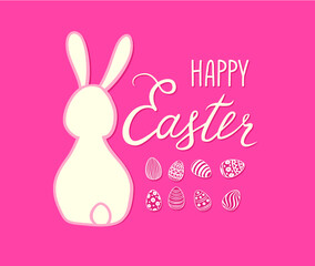 Happy Easter greeting card. Spring holiday background with rabbit bunny and handwritten lettering HAPPY EASTER over line drawn Easter icons eggs and pink background.