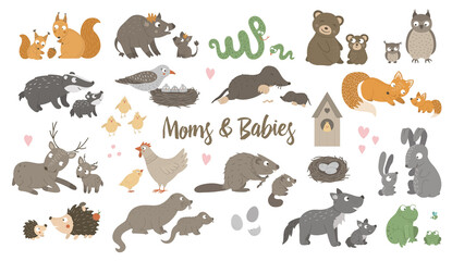 Vector big set of hand drawn flat baby animals with parents. Funny woodland animal scene showing family love. Cute forest animalistic illustration for Mothers Day design.