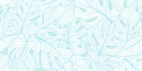 Fototapeta na wymiar Floral seamless pattern with tropical leaves. Nature lush background. Flourish garden texture with line art leaves. Artistic drawn background