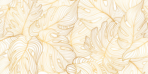 Floral seamless pattern with tropical leaves. Nature lush background. Flourish garden texture with line art leaves