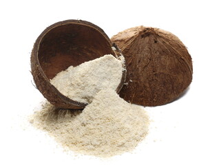 Coconut protein powder in coconut shell isolated on white background