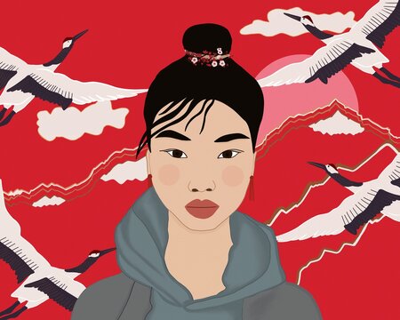 Asian female against red mountains and birds
