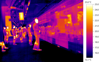 Covid-19 coronavirus temperature checks for security, thermal temperature monitoring of public transit passengers