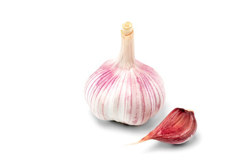 Dried onion of pink garlic and one clove of garlic isolated on a white background. A popular vegetable crop with a sharp taste and pungent smell