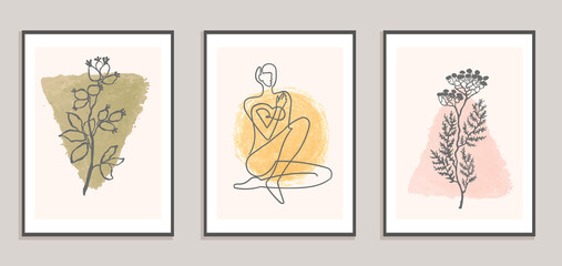 Set with collage modern poster with abstract shapes and one line illustrations of women body