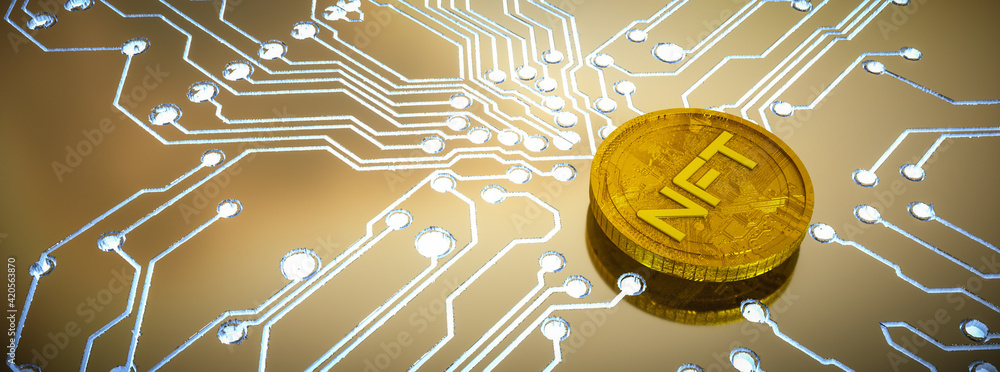 Poster three-dimensional gold coin with the inscription nft on the background of a printed circuit board wi