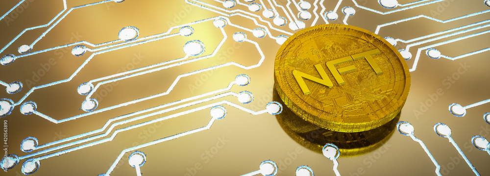 Poster three-dimensional gold coin with the inscription nft on the background of a printed circuit board wi