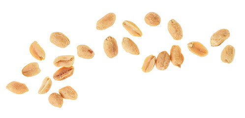 Peeled salted peanuts isolated on a white background, top view.