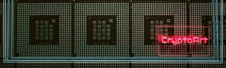 neon glowing word crypto art on cpu background. 3d render illustration