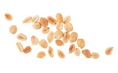 Top view of roasted salted peanuts isolated on a white background