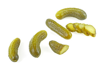 Delicious marinated pickled cucumbers isolated on a white background, top view. Pickled cucumbers...