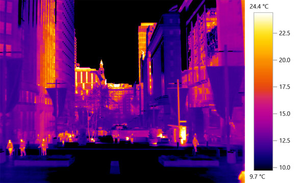 Climate change in built environment, urban heat sinks of city, thermographic imagery