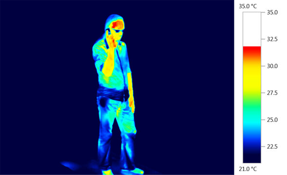 Thermographic thermal heat imaging - human male person using mobile telephone, cellphone radiation