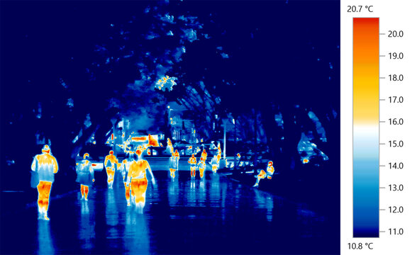 Infrared heat thermal image of urban cityscapes showing heat island hotspots