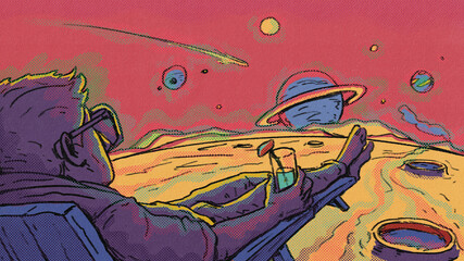 Space Tourist On Lounge Enjoying The View Of Space On Another Planet