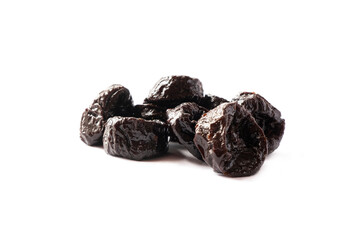 Dried prunes isolated on a white background. Dried prunes on white. Dried prunes with copy space for text.