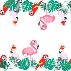 Tropical seamless pattern, funny birds, palm leafs vector illustration