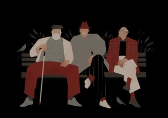 elderly men sit on a bench. Aging up concept