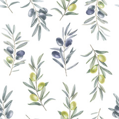 Seamless watercolor pattern of olive branches on a white background. Floral ornament.