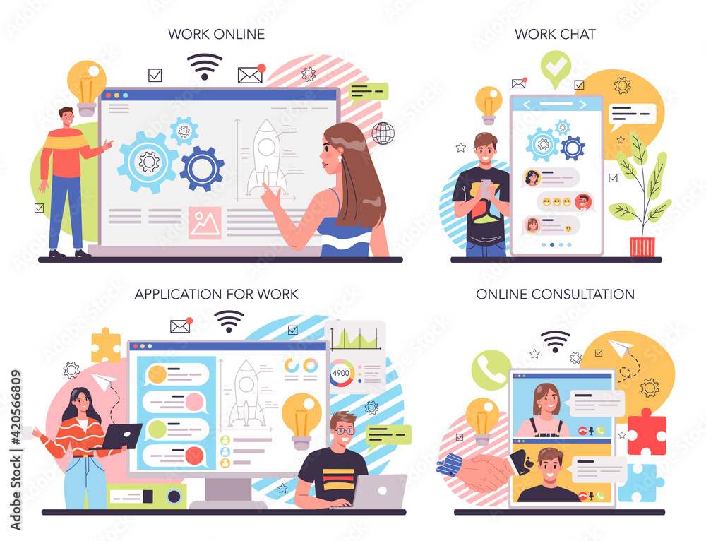 Poster collaboration online service or platform set. office characters working