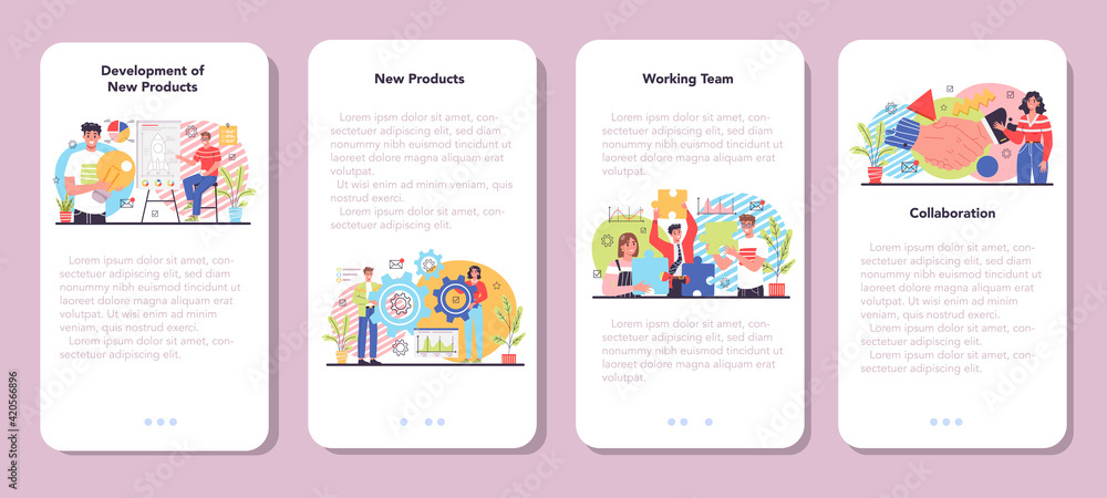 Aufkleber collaboration mobile application banner set. office characters working