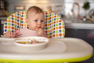 One year old girl having balanced meal in baby eating chair, healthy balanced nutrition for child