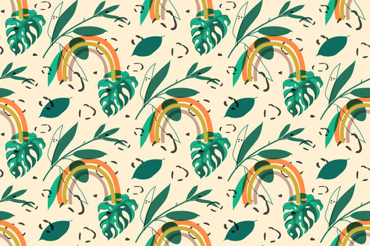 Vector hand drawn doodle seamless pattern, minimalistic boho painting style, rainbow, tropic leaves monstera, dark green, pink color palette