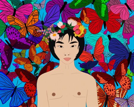 Asian man in wreath against butterflies