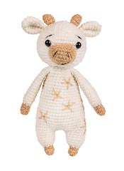 Knitted soft toy bull on white background