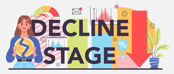 Decline stage typographic header. Bankruptcy with falling down profit