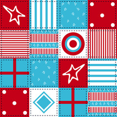 American style patchwork pattern, white stars, red stripes, blue stripes, target