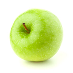Green apple on a white background with a shadow.