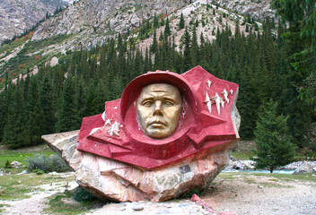 Bust of Yuri Gagarin, first russian Cosmonaut. Barskoon canyon in Issyk-Kul, Kyrgyzstan. Photo with...