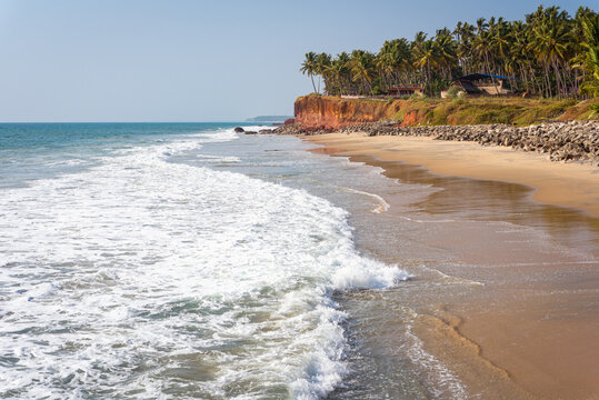 Beautiful beach in Varkala, India: foamy sea waves, sand, and palm trees. Edava village, Kerala, India.