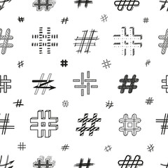 Doodle Hashtag Icons Vector Seamless Pattern. Repeat Background with Hand Drawn Hash Tag Symbols. Social Media Signs 