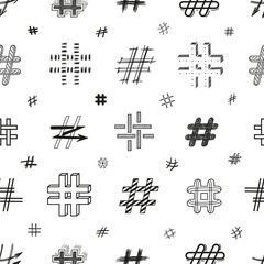 Doodle Hashtag Icons Vector Seamless Pattern. Repeat Background with Hand Drawn Hash Tag Symbols. Social Media Signs
