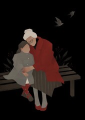 grandmother hugs her granddaughter while sitting on the bench. Aging up concept
