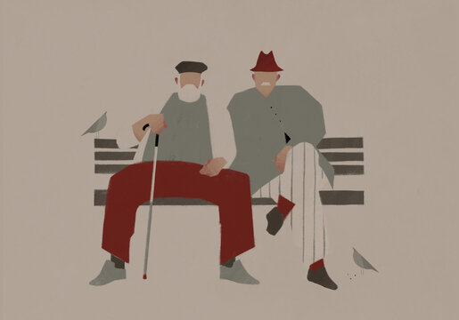 elderly men sit on a bench. Aging up concept