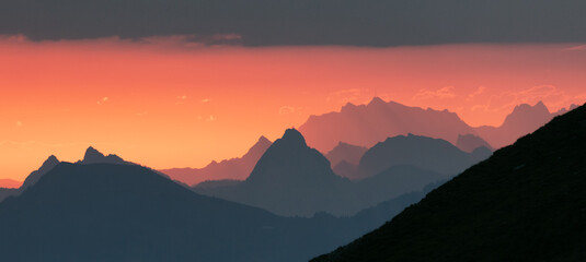 Alpine Mountain Panorama at Magical Red Sunrise